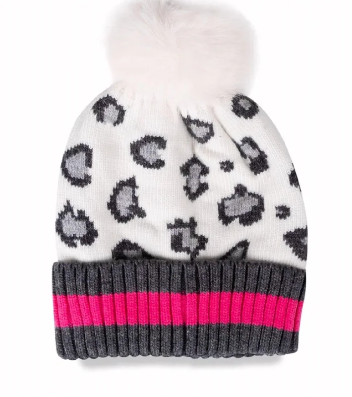 Babe Animal Print Pom Pom Hat In White