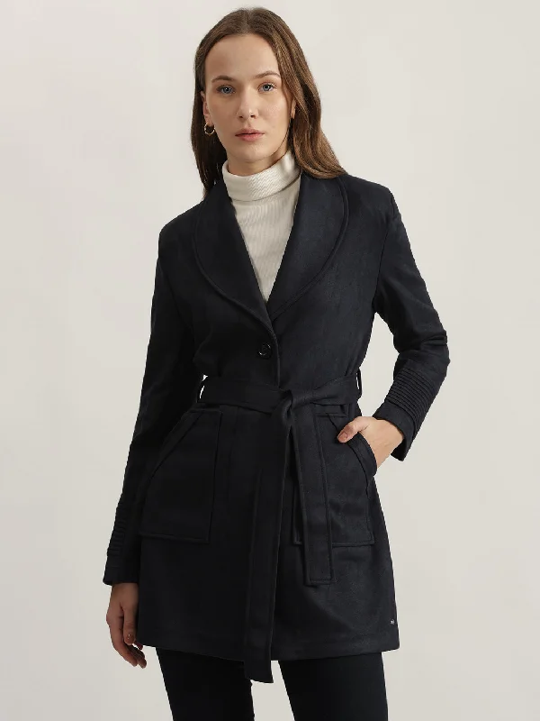 Elle Women Navy Blue Solid Shawl Collar Full Sleeves Coat