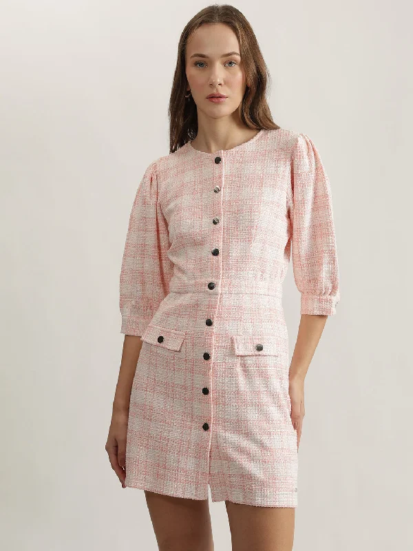 Elle Women Pink Checked Round Neck 3/4Th Sleeves Sheath Dress