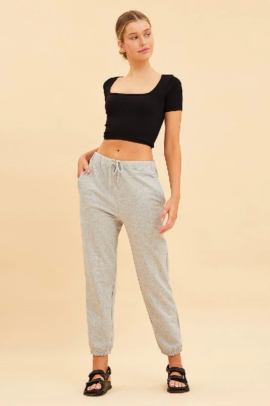 Grey Lounge Pant Cotton Terry Stretch Drawstring Waist