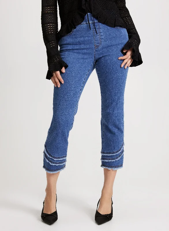 Pull-On Frayed Denim Capris