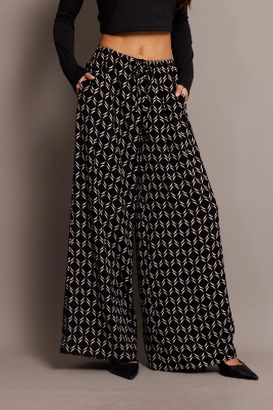 Black Geo Wide Leg Pants High Rise