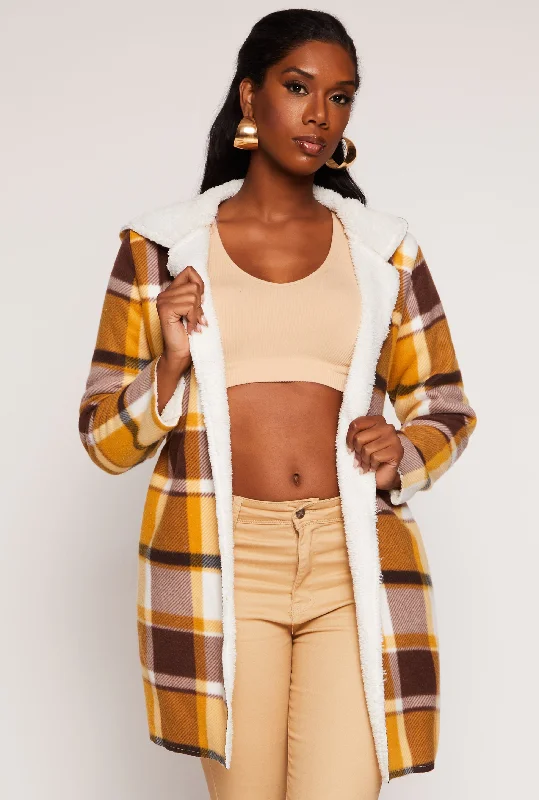 Plaid Sherpa Lined Hooded Coat