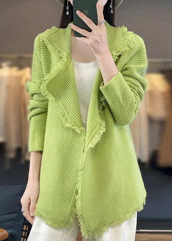 Simple Green Peter Pan Collar Tasseled Patchwork Wool Cardigan Fall