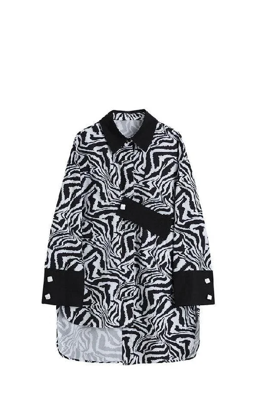 Splicing Irregular l Shirt Turn-down Collar Zebra Pattern Print Autumn and Winter New Loose Fashion