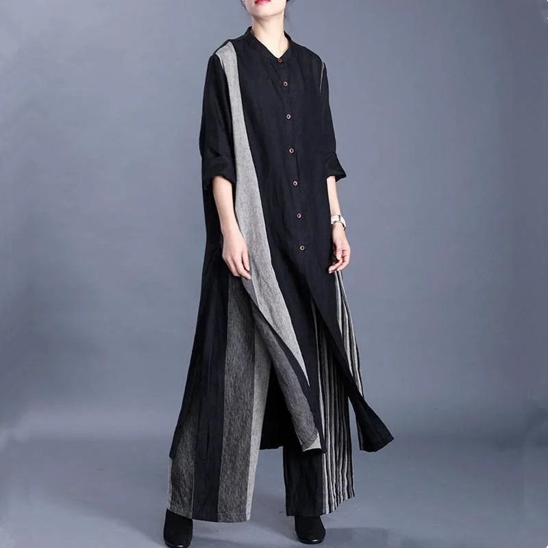 Spring Women's Vintage Cotton Linen Black Striped Long Cardigan Top Loose Wide Leg Pants