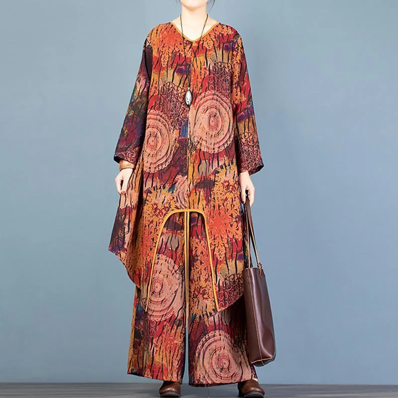 Style asymmetric chocolate print long cardigan and baggy wide leg p